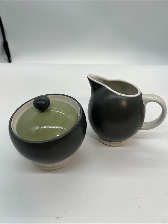 Pfaltzgraff Other - Pfaltzgraff Matte Grey Sugar Bowl and Creamer with Sage Lid Sphere vintage